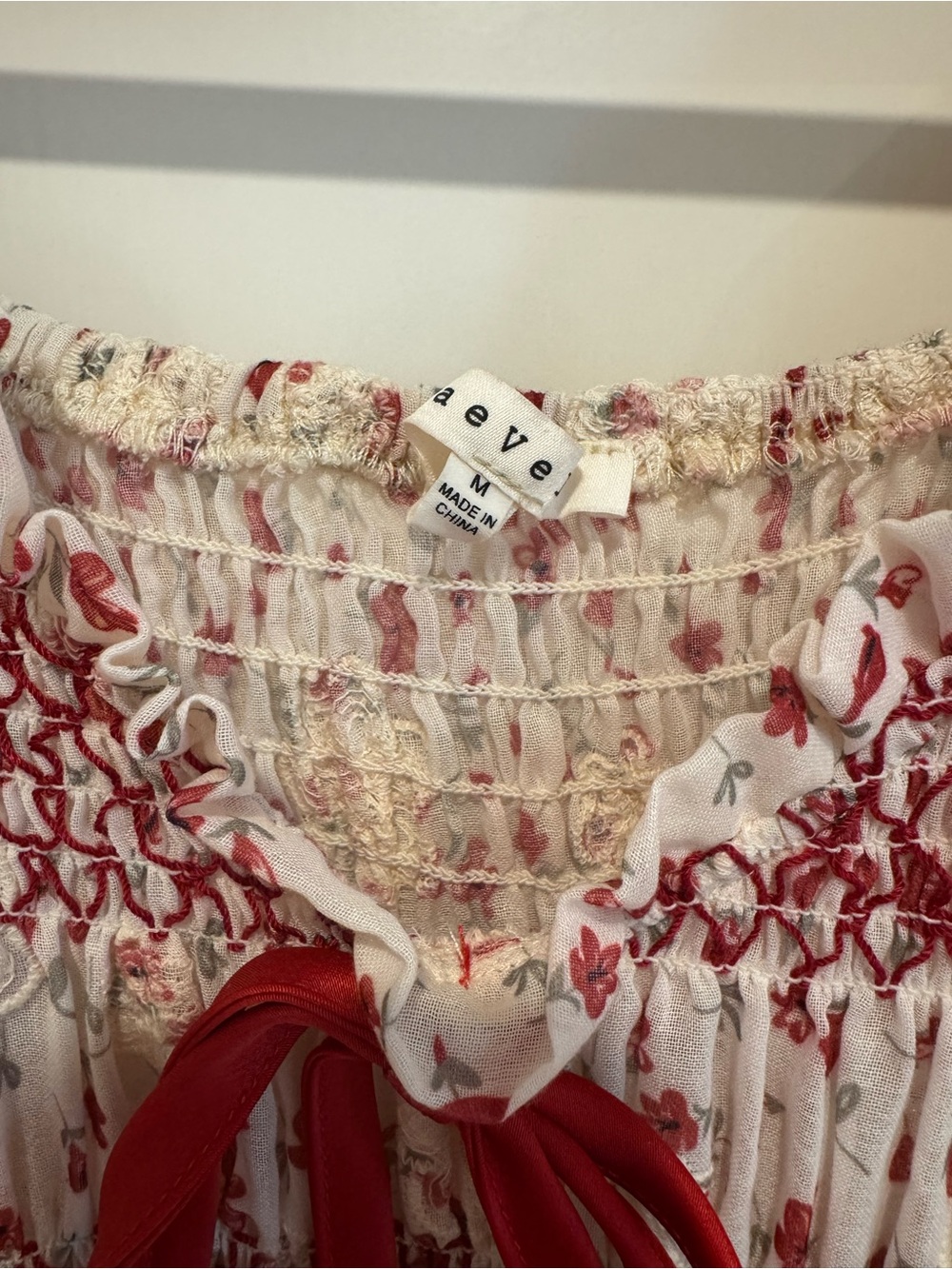 Smocked Puff-Sleeve Floral Maxi Dress - White with Red Floral - Picture 6 of 6